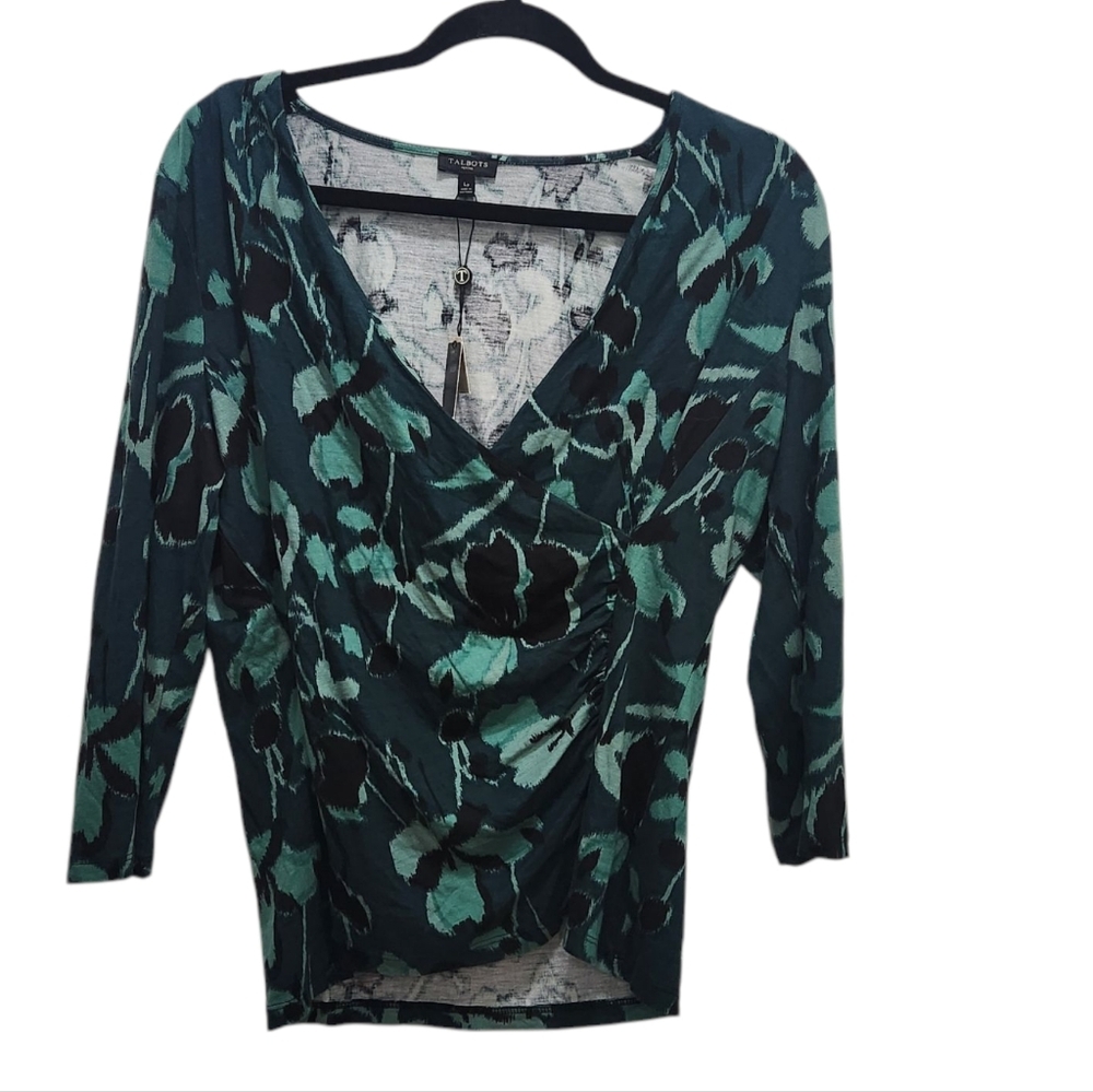 TALBOTS Petite Chic Green Floral V-Neck Faux Wrap Blouse Size L LP Office